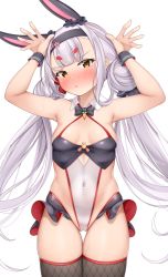 Rule 34 | 1girl, absurdres, animal ears, azur lane, bare shoulders, black bow, black bowtie, black hairband, black thighhighs, blush, bow, bowtie, breasts, commentary request, covered navel, gluteal fold, hairband, hands up, highres, lomocya, long hair, looking at viewer, low twintails, medium breasts, nose blush, official alternate costume, pout, rabbit ears, shimakaze (azur lane), shimakaze (world&#039;s speediest bunny waitress) (azur lane), silver hair, simple background, solo, sweat, tears, thighhighs, thighs, twintails, very long hair, white background, yellow eyes