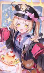 Rule 34 | 1girl, black hat, black jacket, blonde hair, blue archive, blue dress, blurry, blurry background, commentary, crayon, dress, food, halo, hands up, hat, highres, holding, holding crayon, ibuki (blue archive), jacket, koka (rikku-file), looking at viewer, neck ribbon, open clothes, open jacket, open mouth, peaked cap, pudding, red ribbon, ribbon, shirt, sleeves past fingers, sleeves past wrists, smile, solo, sparkling aura, sparkling eyes, stuffed animal, stuffed toy, teddy bear, white shirt, yellow eyes, yellow halo