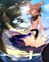 Rule 34 | 1girl, asuzemu, bare shoulders, blonde hair, blue sky, cloud, cloudy sky, commentary, earmuffs, english commentary, highres, open mouth, outdoors, pointy hair, purple ribbon, purple skirt, ribbon, shirt, short hair, sketch, skirt, sky, sleeveless, sleeveless shirt, solo, standing, sunlight, touhou, toyosatomimi no miko, tree, yellow eyes