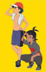 Rule 34 | 2boys, ash ketchum, black footwear, black hair, blush, brown eyes, clenched hand, closed mouth, commentary, creatures (company), game freak, goh (pokemon), grey footwear, grey shirt, hand on own hip, hand up, hat, highres, hot, knees, looking up, male focus, multiple boys, navel, nintendo, pants, pokemon, pokemon (anime), pokemon journeys, red headwear, shirt, shoes, short sleeves, shorts, socks, standing, sweat, tama! (lazyturtle), topless male, towel, towel around neck