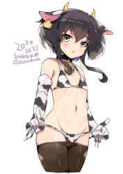Rule 34 | 1girl, animal ears, animal print, bell, bikini, black hair, black pantyhose, blush, cow ears, cow horns, cow print, cowbell, cropped legs, dated, elbow gloves, fake animal ears, fake horns, flat chest, gloves, groin, hair between eyes, horns, kantai collection, navel, odawara hakone, one-hour drawing challenge, open mouth, pantyhose, short hair, short hair with long locks, simple background, solo, swimsuit, tokitsukaze (kancolle), twitter username, white background, white bikini, white gloves, yellow eyes