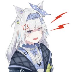 1girl absurdres anger_vein angry animal_ears black_jacket blue_hairband cross-shaped_pupils fangs frilled_shirt frills grey_eyes grey_hair hair_ornament hairband hairclip haruyuo_12 highres jacket mechanical_ears mismatched_pupils no.21:_feral_scent_(punishing:_gray_raven) no.21_(punishing:_gray_raven) official_alternate_costume open_clothes open_jacket open_mouth punishing:_gray_raven shirt solo symbol-shaped_pupils white_shirt wolf_ears x_hair_ornament