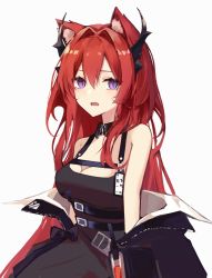 Rule 34 | 1girl, animal ear fluff, animal ears, arknights, bare shoulders, black dress, black jacket, blush, breasts, cat ears, cleavage, detached collar, dress, fang, hair intakes, highres, horns, jacket, kemonomimi mode, kokao358, long hair, looking at viewer, medium breasts, off shoulder, open clothes, open jacket, open mouth, purple eyes, red hair, simple background, solo, surtr (arknights), upper body, very long hair, white background