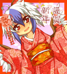 Rule 34 | 1girl, ahoge, alternate costume, bird wings, blue hair, blush, collarbone, female focus, floral print, flower, furisode, hair flower, hair ornament, head wings, highres, horns, japanese clothes, kimono, long sleeves, multicolored hair, new year, obi, open mouth, red eyes, sash, short hair, solo, tokiko (touhou), touhou, translation request, two-tone hair, white hair, wide sleeves, wings, yukata, zamudelin