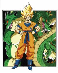 Rule 34 | 1boy, blonde hair, boots, cleaned, clenched hands, clothes writing, dougi, dragon, dragon ball, dragonball z, full body, hand on own hip, highres, looking at viewer, male focus, official art, outside border, porunga, red eyes, serious, shenron (dragon ball), short hair, simple background, son goku, spiked hair, super saiyan, super saiyan 1, toriyama akira, white background, wristband