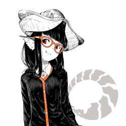 Rule 34 | 1girl, animal ears, blunt bangs, buttons, glasses, greyscale, hat, head tilt, horned girl (jaco), jacket, jaco, logo, long hair, long sleeves, looking at viewer, monochrome, orange-framed eyewear, original, parted lips, red eyes, shirt, simple background, smile, solo, spot color, upper body, white background