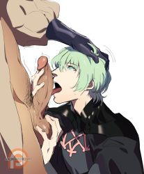Rule 34 | 2boys, bad id, bad pixiv id, bara, black cape, black gloves, byleth (fire emblem), byleth (male) (fire emblem), cape, claude von riegan, dark skin, erection, fellatio, fire emblem, fire emblem: three houses, gloves, green eyes, green hair, hair between eyes, hand on another&#039;s head, kukumomo, licking, licking penis, looking up, male focus, male pubic hair, multiple boys, nintendo, open clothes, open mouth, open shirt, oral, out of frame, patreon logo, patreon username, penis, pubic hair, puffy sleeves, short hair, standing, testicle grab, testicles, thighs, uncensored, white background, yaoi