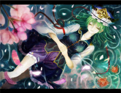 Rule 34 | 1girl, bad id, bad pixiv id, closed eyes, female focus, flower, glowing, glowing petals, green hair, hat, letterboxed, lying, on back, own hands clasped, own hands together, partially submerged, petals, ripples, shiki eiki, short hair, skirt, solo, spider lily, touhou, urabe michiru, water