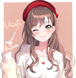 Rule 34 | 1girl, ;), bang dream!, beret, blush, border, brown hair, character name, collarbone, commentary, english commentary, flower, fries vanquisher, green eyes, hat, heart, highres, imai lisa, index finger raised, long hair, long sleeves, one eye closed, red hat, rose, shirt, smile, solo, white border, white shirt