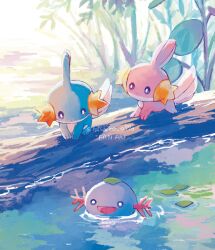 Rule 34 | absurdres, alternate color, closed mouth, creatures (company), day, game freak, gen 2 pokemon, gen 3 pokemon, highres, leaf, looking down, mudkip, nashiro o77o, nintendo, no humans, outdoors, pokemon, pokemon (creature), shiny and normal, shiny pokemon, swimming, water, wooper