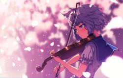 Rule 34 | 1girl, animal ear fluff, animal ears, blue eyes, blue sailor collar, blurry, blurry background, blush, cat ears, closed mouth, commentary, depth of field, dress, english commentary, holding, holding instrument, holding violin, instrument, looking away, music, original, petals, playing instrument, puffy short sleeves, puffy sleeves, purple hair, ryuinu, sailor collar, sailor dress, short sleeves, solo, upper body, violin, white dress