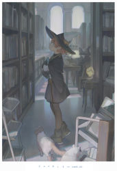 Rule 34 | 1girl, 2others, black footwear, black headwear, black pantyhose, book, bookshelf, cat, commentary request, full body, glasses, hat, holding, holding book, krenz, library, multiple others, orange hair, original, pantyhose, shoes, witch hat
