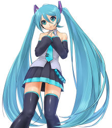 Rule 34 | 1girl, aqua eyes, aqua hair, bad id, bad pixiv id, detached sleeves, face, own hands clasped, hatsune miku, long hair, necktie, noco (adamas), own hands together, skirt, solo, takenoko (pixiv417796), thighhighs, twintails, very long hair, vocaloid