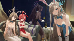 Rule 34 | 4girls, absurdres, ahoge, akane (blue archive), akane (bunny) (blue archive), alcohol, animal ears, asuna (blue archive), asuna (bunny) (blue archive), black leotard, black pantyhose, blue archive, blue leotard, bow, bowtie, braid, breasts, champagne, champagne bottle, champagne flute, cleavage, couch, cup, detached collar, drinking glass, fake animal ears, fishnet pantyhose, fishnets, glasses, gloves, hair over one eye, halo, highres, indoors, karin (blue archive), karin (bunny) (blue archive), large breasts, leotard, long hair, looking at viewer, mole, mole on breast, muhan (user azze8777), multiple girls, neru (blue archive), neru (bunny) (blue archive), night, on couch, oversized breast cup, pantyhose, playboy bunny, ponytail, rabbit ears, red leotard, short hair, single braid, sitting, smile, very long hair, white gloves, white leotard, white pantyhose