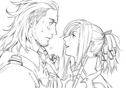 Rule 34 | 1boy, 1girl, aranea highwind, blush, facial hair, final fantasy, final fantasy xv, finger to own chin, from side, gladiolus amicitia, greyscale, monochrome, simple background, stubble, white background