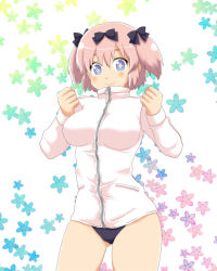 Rule 34 | + +, 10s, 1girl, blue eyes, blush, bow, breasts, buruma, clenched hands, female focus, hair bow, hibari (senran kagura), jacket, large breasts, looking at viewer, mikaneco, pink hair, senran kagura, short hair, short twintails, simple background, smile, solo, symbol-shaped pupils, track jacket, twintails