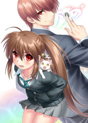 Rule 34 | 1boy, 1girl, back-to-back, black jacket, brother and sister, brown hair, card, cat, commentary request, cosplay, cowboy shot, formal, green neckwear, grey skirt, hair over one eye, hands in pockets, idolmaster, idolmaster cinderella girls, jacket, lennon, little busters!, long hair, name connection, natsume kyousuke, natsume rin, necktie, pleated skirt, ponytail, producer (idolmaster), producer (idolmaster cinderella girls anime), producer (idolmaster cinderella girls anime) (cosplay), red eyes, school uniform, shibuya rin, shibuya rin (cosplay), siblings, skirt, striped neckwear, suit, zen