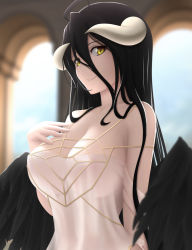 Rule 34 | 1girl, ahoge, albedo (overlord), bare shoulders, black feathers, black hair, black wings, breasts, cleavage, closed mouth, collarbone, demon girl, demon horns, demon wings, dress, feathered wings, feathers, hair between eyes, hand on own chest, highres, horns, large breasts, long hair, looking at viewer, low wings, overlord (maruyama), siraha, slit pupils, smile, solo, white dress, wings, yellow eyes