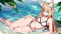 Rule 34 | 1girl, animal ear fluff, animal ears, bikini, black nails, blonde hair, blue eyes, breasts, cleavage, commission, feet out of frame, halterneck, kazana (sakuto), lipstick, long hair, looking at viewer, lying, makeup, medium breasts, multicolored hair, nail polish, navel, o-ring, o-ring bikini, o-ring top, on side, original, partially submerged, plant, red hair, sign, signature, skeb commission, solo, string bikini, swimsuit, two-tone hair, water, wet, white bikini