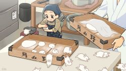 Rule 34 | 1boy, 1girl, apron, blush, brown eyes, brown hair, brown shirt, closed mouth, cooking pot, dumpling, food, highres, holding, holding food, indoors, kitchen, kojiro337, long sleeves, looking at object, magnet, note, original, print apron, rabbit, shirt, sleeves rolled up, smile, table, tagme, wooden table