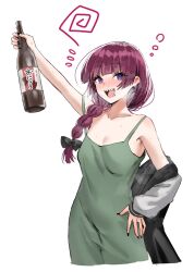 Rule 34 | 1girl, alcohol, arm up, armpits, black bow, black jacket, black nails, blush, bocchi the rock!, bottle, bow, braid, commentary request, dress, drooling, drunk, ear blush, fingernails, flat chest, green dress, hair bow, hand on own hip, highres, hiroi kikuri, holding, holding bottle, horn/wood, jacket, jacket partially removed, long hair, looking at viewer, nose blush, open mouth, purple eyes, purple hair, sharp teeth, simple background, single braid, sleeveless, sleeveless dress, solo, squeans, teeth, white background