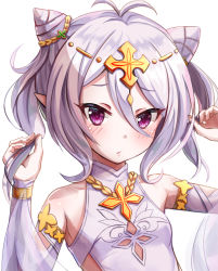 Rule 34 | 1girl, antenna hair, arms up, bare shoulders, blush, breasts, circlet, closed mouth, collarbone, commentary request, cone hair bun, detached sleeves, double bun, elf, hair between eyes, hair bun, holding, holding hair, kokkoro (ceremonial) (princess connect!), kokkoro (princess connect!), kuroganeruto, long sleeves, looking at viewer, pointy ears, princess connect!, purple eyes, see-through, shawl, short hair, silver hair, small breasts, solo, upper body