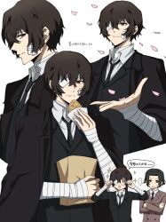 ... 2boys bag bandage_over_one_eye bandaged_arm bandaged_neck bandages black_hair black_jacket black_necktie brown_eyes brown_hair bungou_stray_dogs chirol_choko closed_mouth coat collared_shirt commentary dazai_osamu_(bungou_stray_dogs) eating food food_on_face formal_clothes glasses hair_between_eyes highres holding holding_bag jacket light_blush long_sleeves male_focus mole mole_above_mouth multiple_boys multiple_views necktie one_eye_covered paper_bag petals sakaguchi_ango shirt short_hair simple_background smile sparkle speech_bubble spoken_ellipsis suit sweatdrop symbol-only_commentary translation_request white_background white_shirt