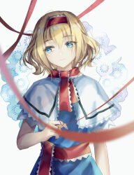 Rule 34 | 1girl, akinomiya asuka, alice margatroid, blonde hair, blue dress, blue eyes, capelet, commentary request, dress, facing viewer, foreshortening, hairband, highres, lolita hairband, looking to the side, medium hair, red hairband, red ribbon, ribbon, short sleeves, smile, solo, touhou, upper body, white background, white capelet