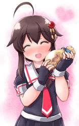 Rule 34 | 10s, 1girl, ^ ^, ahoge, blush, braid, brown hair, closed eyes, cookie, fingerless gloves, food, gloves, gradient background, hair flaps, hair ornament, hair ribbon, happy, highres, jewelry, kanon (kurogane knights), kantai collection, necktie, open mouth, pleated skirt, ribbon, ring, school uniform, serafuku, shigure (kancolle), shigure kai ni (kancolle), single braid, skirt, smile, solo, wedding band, wedding ring, white day