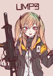 Rule 34 | 1girl, blonde hair, character name, girls&#039; frontline, gun, h&amp;k ump, looking at viewer, mogijabgo, red eyes, solo, submachine gun, tongue, tongue out, twintails, ump9 (girls&#039; frontline), weapon