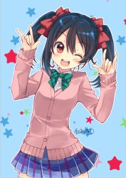 Rule 34 | 10s, 1girl, ;d, black hair, blue background, blue skirt, blush, bow, bowtie, cardigan, double m/, green bow, green bowtie, hair between eyes, hair bow, hands up, long sleeves, looking at viewer, love live!, love live! school idol project, m/, miniskirt, nico nico nii, one eye closed, open mouth, otonokizaka school uniform, outline, pink cardigan, plaid, plaid skirt, pleated skirt, red eyes, sasaki akane, school uniform, signature, skirt, smile, solo, standing, star (symbol), starry background, striped bow, striped bowtie, striped clothes, striped neckwear, twintails, white outline, wink, yazawa nico