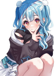 Rule 34 | 1girl, absurdres, belt, black jacket, black shirt, blue belt, blue hair, cleavage cutout, clothing cutout, double bun, hair bun, hair ornament, highres, jacket, looking at viewer, multicolored eyes, multicolored hair, off shoulder, orange eyes, red eyes, shiranami ramune, shirt, simple background, sitting, skirt, solo, squatting, streaked hair, tihayasan-ktkr, twintails, v, v over mouth, virtual youtuber, vspo!, white background, white hair, white skirt