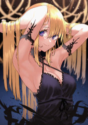 Rule 34 | 1girl, absurdres, armband, armpits, arms up, black dress, blonde hair, blue eyes, blush, breasts, cleavage, dress, halterneck, hands in hair, highres, kesuno, large breasts, light particles, long hair, looking at viewer, original, smile, solo