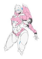 Rule 34 | 1girl, android, arcee, axelnekokitty, backpack, bag, blue eyes, breasts, curvy, flame toys, flame toys arcee, helmet, highres, humanoid robot, medium breasts, panties, pink panties, robot, science fiction, simple background, solo, thick thighs, thighs, transformers, underwear, white background