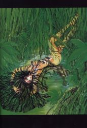 Rule 34 | 1girl, armpits, barefoot, black hair, breasts, clamp, green theme, kanoe (x), kanoe (x/1999), letterboxed, long hair, nipples, nude, official art, roots, solo, very long hair, x/1999, x (manga)
