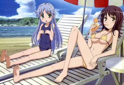Rule 34 | 2girls, :&lt;, :o, absurdres, barefoot, beach, beach umbrella, bikini, black hair, blue hair, blush, breast envy, breasts, brown hair, chair, cityscape, cleavage, cloud, day, drink, drinking straw, embarrassed, feet, flat chest, food, fruit, green eyes, highres, index (toaru majutsu no index), itsuwa, large breasts, leg up, legs, long hair, long legs, lounge chair, lying, micro bikini, mountain, multiple girls, navel, nyantype, official art, one-piece swimsuit, open mouth, orange (fruit), outdoors, parasol, reclining, scan, school swimsuit, shinohara kenji, short hair, sitting, sky, soles, swimsuit, table, thighs, toaru majutsu no index, toes, umbrella, underboob, very long hair, water, yellow eyes