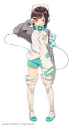 Rule 34 | 1girl, ;o, aqua shorts, arm up, bad id, bad pixiv id, blunt bangs, blush, boots, brown eyes, brown hair, buttons, cable, full body, hands in opposite sleeves, headphones, jacket, kim bae-eo, legs apart, long sleeves, looking at viewer, official art, one eye closed, open mouth, oversized clothes, partially unbuttoned, pigeon-toed, pocket, raglan sleeves, short hair, shorts, sidelocks, simple background, sleeves past wrists, solo, standing, striped, stuffed toy, thigh boots, thighhighs, vertical stripes, very long sleeves, vocaloid, white background, white footwear, white jacket, yumemi nemu