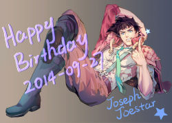 Rule 34 | 1boy, birthday, black hair, blue eyes, boots, character name, coat, dated, happy birthday, heicrosshong, highres, jacket, jojo no kimyou na bouken, joseph joestar, joseph joestar (young), male focus, necktie, padded coat, pointing, pointing up, red jacket, solo, suspenders