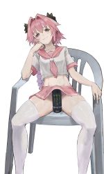 Rule 34 | 1boy, arqa, astolfo (fate), astolfo (sailor paladin) (fate), astolfo monster cosplay (meme), can, chair, energy drink, fate/grand order, fate (series), hair intakes, looking at viewer, male focus, meme, midriff, monster energy, navel, official alternate costume, pink hair, pink sailor collar, pink skirt, purple eyes, sailor collar, school uniform, serafuku, simple background, sitting, skirt, smile, solo, trap, white background, white legwear