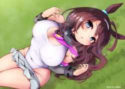 Rule 34 | 1girl, ahoge, animal ears, bare shoulders, blue eyes, breasts, brown hair, cleavage, clothes pull, covered erect nipples, covered navel, cowboy shot, deto, from above, grass, headband, highleg, highleg swimsuit, highres, horse ears, large breasts, long hair, looking at viewer, looking up, mihono bourbon (umamusume), one-piece swimsuit, sitting, skirt, skirt pull, solo, swimsuit, thighs, twitter username, umamusume, wrist cuffs