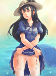 Rule 34 | 10s, 1girl, beach, black hair, blue ribbon, brown eyes, clothes lift, collarbone, dress, dress lift, garter straps, hat, head tilt, highres, iowa (pacific), kantai collection, lace, lace-trimmed dress, lace trim, legs apart, lips, long hair, looking at viewer, mole, mole under eye, ninjaham, outdoors, pacific (kancolle), panties, pussy juice, ribbon, sand, shore, solo, standing, sun hat, thighhighs, underwear, water, wrist ribbon