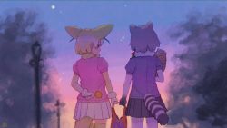 Rule 34 | 2girls, animal ears, black skirt, blonde hair, blue sweater, bow, bowtie, candy, commentary request, common raccoon (kemono friends), cowboy shot, elbow gloves, evening, extra ears, fennec (kemono friends), food, fox ears, fox girl, fox tail, from behind, fur collar, fur trim, gloves, grey gloves, grey hair, grey legwear, imnim leef, kemono friends, multicolored hair, multiple girls, pantyhose, pink sweater, pleated skirt, puffy short sleeves, puffy sleeves, raccoon ears, raccoon girl, raccoon tail, short hair, short sleeves, skirt, sweater, tail, thighhighs, two-tone hair, white fur, white hair, white skirt, yellow gloves, yellow legwear, yellow neckwear, zettai ryouiki