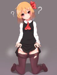 Rule 34 | 1girl, ?, ascot, black shirt, blonde hair, blush, clothes lift, clothes pull, collared shirt, commentary, grey background, hair ribbon, head tilt, highres, iroha (pcrx7327), kneeling, lifting own clothes, long sleeves, looking at viewer, medium hair, pantyhose, pantyhose pull, red ascot, red eyes, red ribbon, ribbon, rumia, shadow, shirt, simple background, skirt, skirt lift, skirt set, solo, sweat, sweatdrop, torn clothes, torn pantyhose, touhou