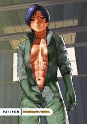 Rule 34 | 1girl, abs, ace combat, black eyes, blue hair, bodysuit, breasts, breasts apart, cessa, commission, cowboy shot, green bodysuit, kei nagase, medium breasts, namco, navel, no bra, open bodysuit, open clothes, parted lips, short hair, solo, sweat, watermark, web address, zipper, zipper pull tab