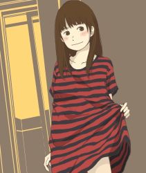 Rule 34 | 1girl, :|, black shirt, blush, brown background, brown eyes, brown hair, closed mouth, clothes lift, collarbone, female focus, freckles, hosoo, long hair, oversized clothes, red shirt, shirt, shirt lift, simple background, sliding doors, smile, solo, striped background, striped clothes, striped shirt, thighs