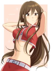 Rule 34 | 1girl, alternate hair length, alternate hairstyle, arms behind head, artist name, belt, brown eyes, brown hair, commentary, cowboy shot, crop top, dutch angle, expressionless, hands up, long hair, looking at viewer, meiko (vocaloid), midriff, navel, nokuhashi, red shirt, red skirt, shirt, skirt, vocaloid