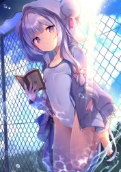 Rule 34 | 1girl, bad id, bad twitter id, bare legs, barefoot, blue ribbon, blue sky, blunt bangs, book, breasts, bubble, cloud, cloudy sky, competition swimsuit, covered navel, day, fence, hair ribbon, highres, holding, holding book, hood, hooded jacket, hoodie, jacket, kedama milk, leg up, light rays, long hair, long sleeves, looking at viewer, one-piece swimsuit, outdoors, patchouli knowledge, purple eyes, purple hair, purple hoodie, purple one-piece swimsuit, purple ribbon, ribbon, shade, sidelocks, sky, sleeves past wrists, small breasts, solo, splashing, sunbeam, sunlight, swimsuit, tamano kedama, touhou, unzipped, yin yang