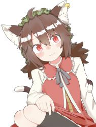 Rule 34 | 1girl, :3, adapted costume, ahoge, alternate hairstyle, animal ear fluff, animal ears, black socks, blush, brown hair, cat ears, cat tail, chen, closed mouth, dot nose, earrings, feet out of frame, frilled shirt collar, frills, green hat, hair between eyes, hat, highres, jewelry, kae karee, kneehighs, leaning to the side, long sleeves, looking at viewer, mob cap, multiple tails, nekomata, nose blush, petticoat, red eyes, red vest, simple background, single earring, sitting, socks, solo, tail, touhou, two tails, vest, white background, yokozuwari