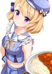 Rule 34 | 1girl, ame., anchor symbol, azur lane, beret, blonde hair, blue bow, blue hat, blue serafuku, blue shirt, blue skirt, blush, bow, breasts, closed mouth, collarbone, commentary request, curry, curry rice, fingernails, food, hair bow, hand on own hip, hat, highres, holding, holding plate, medium breasts, midriff, neck ribbon, plate, pleated skirt, purple eyes, ribbon, rice, sailor collar, school uniform, serafuku, shirt, simple background, skirt, sleeveless, sleeveless shirt, smile, solo, striped, striped bow, white background, white sailor collar, wrist cuffs, yellow ribbon, z23 (azur lane), z23 (perfect smile?) (azur lane)