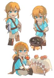 Rule 34 | 1boy, apple, blue eyes, blue shirt, brown cape, brown footwear, brown pants, cape, chibi, closed mouth, d:, earrings, eating, food, fruit, hands on own hips, highres, hood, hood down, hooded cape, jewelry, layered sleeves, link, long hair, long sleeves, multiple views, nintendo, open mouth, pants, pointy ears, ponytail, psp26958748, shirt, short over long sleeves, short sleeves, sitting, smile, the legend of zelda, the legend of zelda: breath of the wild